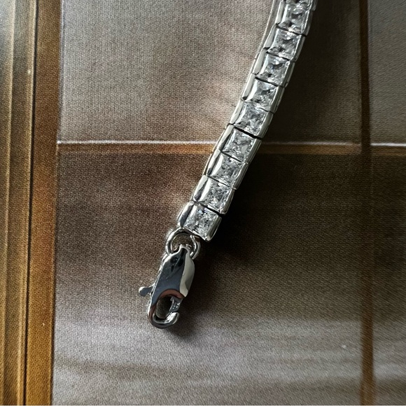 Square Princess Diamond Zirconia Tennis Bracelet 925 Sterling Silver Rhodium - Picture 3 of 5